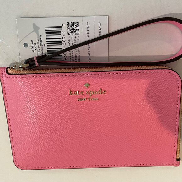 Kate Spade Lucy L-zip Wristlet w/strap /wallet, pink Leather New - Picture 1 of 11